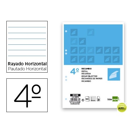 RECAMBIO LIDERPAPEL CUARTO 100 HOJAS 60G/M2 HORIZONTAL CON MARGEN 6 TALADROS
