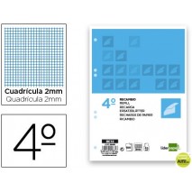 RECAMBIO LIDERPAPEL CUARTO 100 HOJAS 60G/M2 MILIMETRADO SIN MARGEN 6 TALADROS