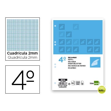 RECAMBIO LIDERPAPEL CUARTO 100 HOJAS 60G/M2 MILIMETRADO SIN MARGEN 6 TALADROS