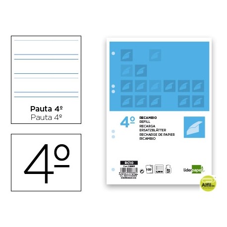 RECAMBIO LIDERPAPEL CUARTO 100 HOJAS 60G/M2 PAUTA 4Ë 3.5MM CON MARGEN 6 TALADROS