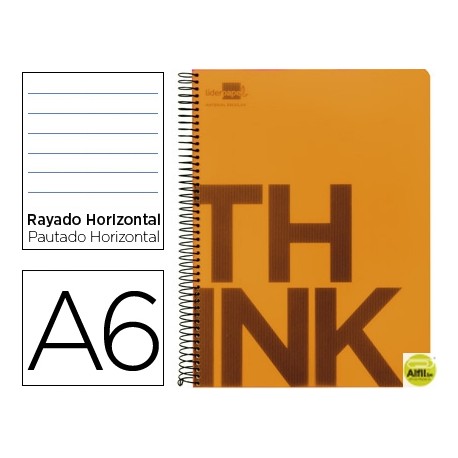 BLOC ESPIRAL LIDERPAPEL A6 MICRO THINK TAPA POLIPROPILENO 140H 70G HORIZONTAL 4 BANDAS. NARANJA