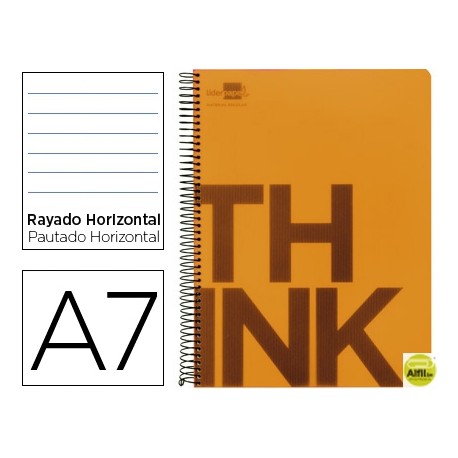 BLOC ESPIRAL LIDERPAPEL A7 MICRO THINK TAPA POLIPROPILENO 100H 70G HORIZONTAL 4 BANDAS. NARANJA