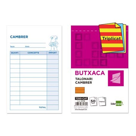 TALONARIO LIDERPAPEL CAMARERO BOLSILLO ORIGINAL Y 2 COPIAS T350 TEXTO EN CATALAN