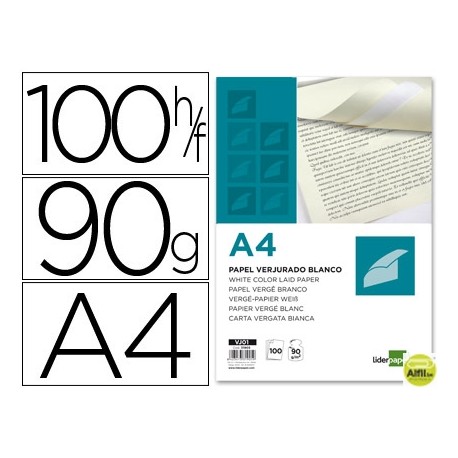 PAPEL VERJURADO LIDERPAPEL A4 90G/M2 BLANCO PAQUETE DE 100
