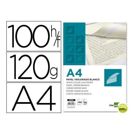 PAPEL VERJURADO LIDERPAPEL A4 120G/M2 BLANCO PAQUETE DE 100