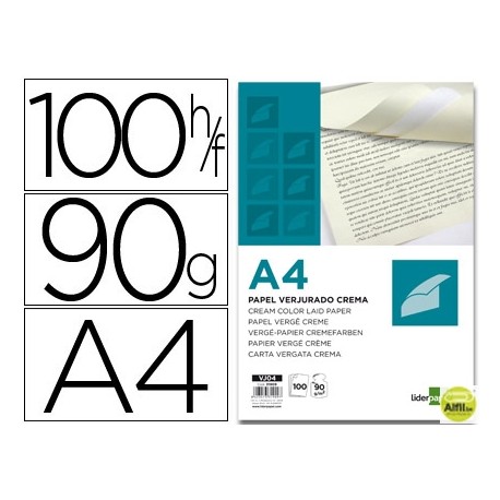 PAPEL VERJURADO LIDERPAPEL A4 90G/M2 CREMA PAQUETE DE 100