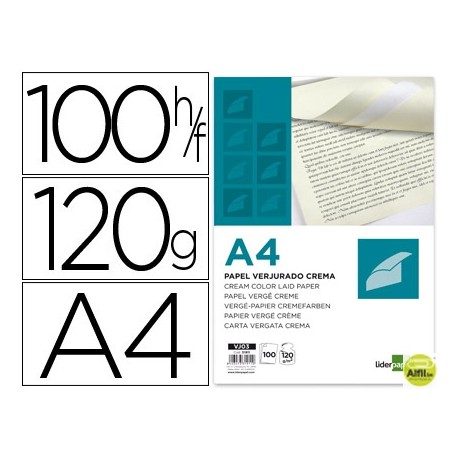 PAPEL VERJURADO LIDERPAPEL A4 120G/M2 CREMA
