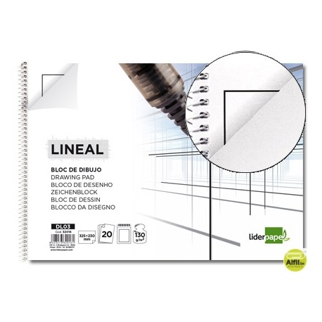 BLOC DIBUJO LIDERPAPEL LINEAL ESPIRAL 230X325MM 20 HOJAS 130G/M2 CON RECUADRO 2 TALADROS