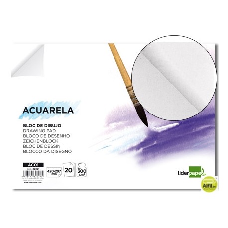 BLOC DIBUJO LIDERPAPEL ACUARELA ENCOLADO 297X420MM 20 HOJAS 300G M2 SIN RECUADRO