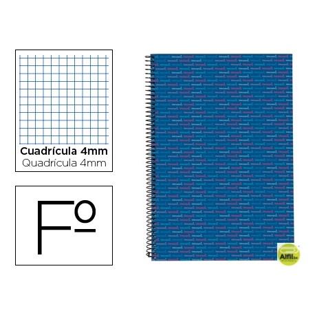 BLOC ESPIRAL LIDERPAPEL FOLIO MULTILIDER TAPA FORRADA 80H 70G CUADRO 4MM CON MARGEN. AZUL