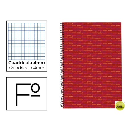 BLOC ESPIRAL LIDERPAPEL FOLIO MULTILIDER TAPA FORRADA 80H 70G CUADRO 4MM CON MARGEN. ROJO