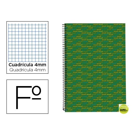BLOC ESPIRAL LIDERPAPEL FOLIO MULTILIDER TAPA FORRADA 80H 70G CUADRO 4MM CON MARGEN. VERDE