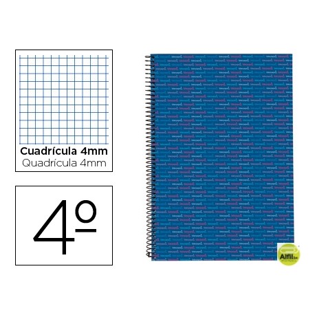 BLOC ESPIRAL LIDERPAPEL CUARTO MULTILIDER TAPA FORRADA 80H 70G CUADRO 4MM CON MARGEN. AZUL