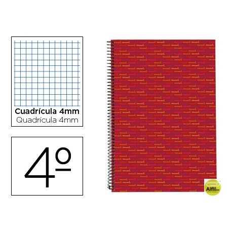 BLOC ESPIRAL LIDERPAPEL CUARTO MULTILIDER TAPA FORRADA 80H 70G CUADRO 4MM CON MARGEN. ROJO