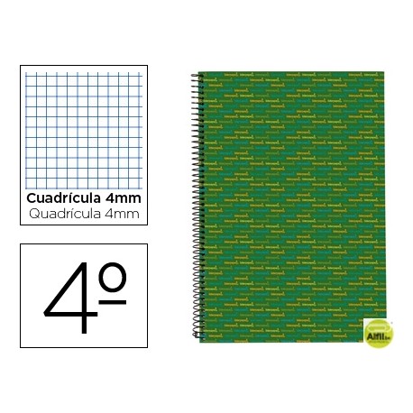 BLOC ESPIRAL LIDERPAPEL CUARTO MULTILIDER TAPA FORRADA 80H 70G CUADRO 4MM CON MARGEN. VERDE