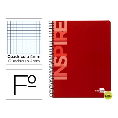 BLOC ESPIRAL LIDERPAPEL FOLIO INSPIRE TAPA EXTRADURA 80H 60G CUADRO 4MM CON MARGEN. ROJO