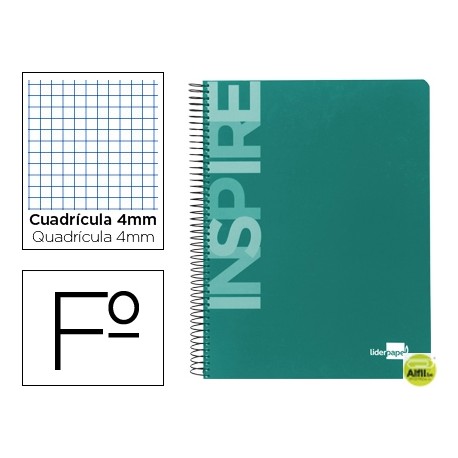 BLOC ESPIRAL LIDERPAPEL FOLIO INSPIRE TAPA EXTRADURA 80H 60G CUADRO 4MM CON MARGEN. VERDE