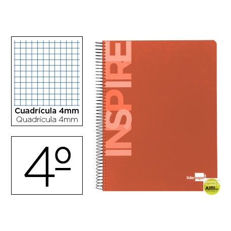 BLOC ESPIRAL LIDERPAPEL CUARTO INSPIRE TAPA EXTRADURA 80H 60G CUADRO 4MM CON MARGEN. NARANJA