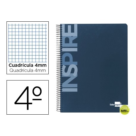 BLOC ESPIRAL LIDERPAPEL CUARTO INSPIRE TAPA EXTRADURA 80H 60G CUADRO 4MM CON MARGEN. AZUL