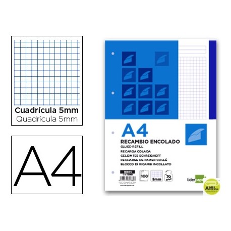 BLOC ENCOLADO LIDERPAPEL CUADRO 5MM AZUL A4 100 HOJAS 70G/M2