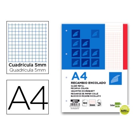 BLOC ENCOLADO LIDERPAPEL CUADRO 5MM ROJO A4 100 HOJAS 70G/M2