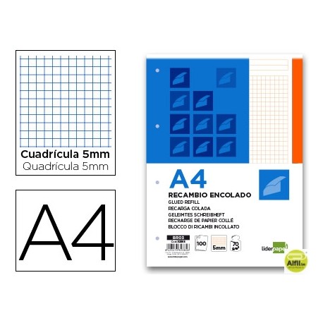 BLOC ENCOLADO LIDERPAPEL CUADRO 5MM NARANJA A4 100 HOJAS 70G/M2