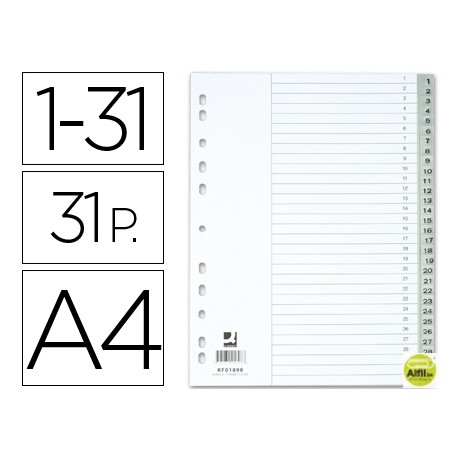 SEPARADOR NUMERICO Q-CONNECT PLASTICO 1-31 JUEGO DE 31 SEPARADORES DIN A4 -MULTITALADRO