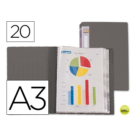 CARPETA BEAUTONE ESCAPARATE 31335 20 FUNDAS POLIPROPILENO DIN-A3 GRIS -LOMO PERSONALIZABLE