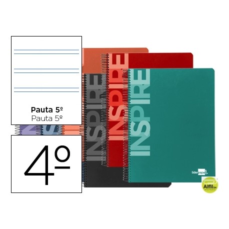 BLOC ESPIRAL LIDERPAPEL CUARTO INSPIRE TAPA EXTRADURA 80H 60G PAUTA 2.5MM CON MARGEN. COLORES SURTID