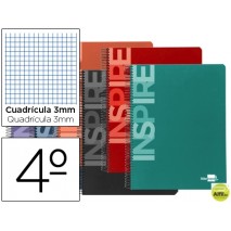 BLOC ESPIRAL LIDERPAPEL CUARTO INSPIRE TAPA EXTRADURA 80H 60G CUADRO 3MM CON MARGEN. COLORES SURTIDO