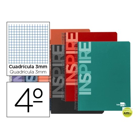 BLOC ESPIRAL LIDERPAPEL CUARTO INSPIRE TAPA EXTRADURA 80H 60G CUADRO 3MM CON MARGEN. COLORES SURTIDO