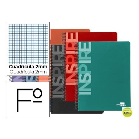 BLOC ESPIRAL LIDERPAPEL FOLIO INSPIRE TAPA EXTRADURA 80H 60G MILIMETRADO 2MM CON MARGEN. COLORES SUR