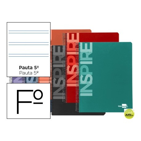 BLOC ESPIRAL LIDERPAPEL FOLIO INSPIRE TAPA EXTRADURA 80H 60G PAUTA 2.5MM CON MARGEN. COLORES SURTIDO