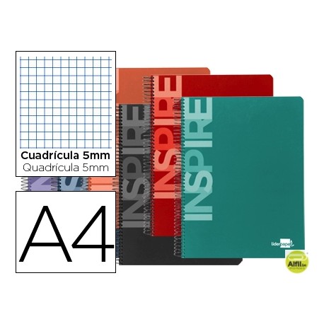 BLOC ESPIRAL LIDERPAPEL A4 MICRO INSPIRE TAPA EXTRADURA 160H 60G CUADRO 5MM 5 BANDAS 4 TALADROS. COL
