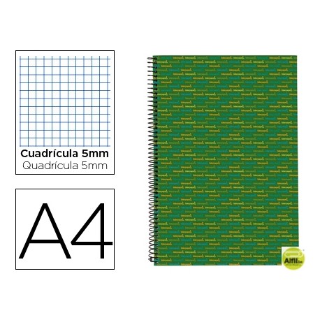 BLOC ESPIRAL LIDERPAPEL A4 MICRO MULTILIDER TAPA FORRADA 140H 70G CUADRO 5MM 5 BANDAS 4 TALADROS. VE