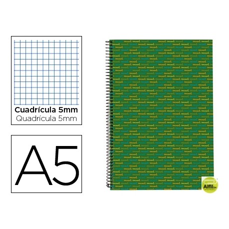 BLOC ESPIRAL LIDERPAPEL A5 MICRO MULTILIDER TAPA FORRADA 140H 70G CUADRO 5MM 5 BANDAS 6 TALADROS. VE