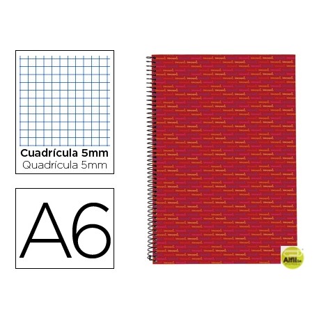 BLOC ESPIRAL LIDERPAPEL A6 MICRO MULTILIDER TAPA FORRADA 140H 70G CUADRO 5MM 5 BANDAS. ROJO