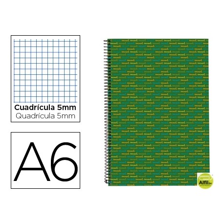 BLOC ESPIRAL LIDERPAPEL A6 MICRO MULTILIDER TAPA FORRADA 140H 70G CUADRO 5MM 5 BANDAS. VERDE