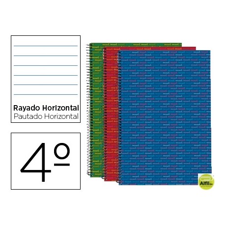 BLOC ESPIRAL LIDERPAPEL CUARTO MULTILIDER TAPA FORRADA 80H 70G HORIZONTAL CON MARGEN. COLORES SURTID