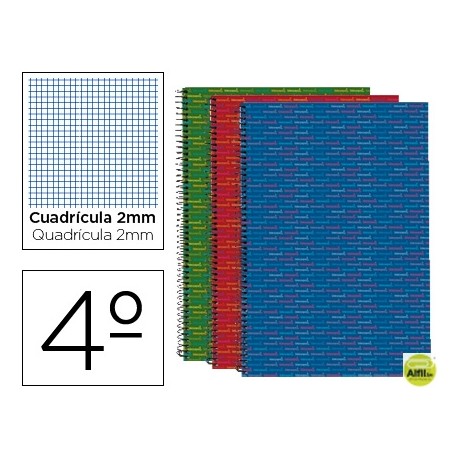 BLOC ESPIRAL LIDERPAPEL CUARTO MULTILIDER TAPA FORRADA 80H 70G MILIMETRADO 2MM CON MARGEN. COLORES S