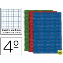 BLOC ESPIRAL LIDERPAPEL CUARTO MULTILIDER TAPA FORRADA 80H 70G CUADRO 3MM CON MARGEN. COLORES SURTID