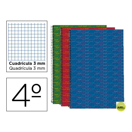 BLOC ESPIRAL LIDERPAPEL CUARTO MULTILIDER TAPA FORRADA 80H 70G CUADRO 3MM CON MARGEN. COLORES SURTID