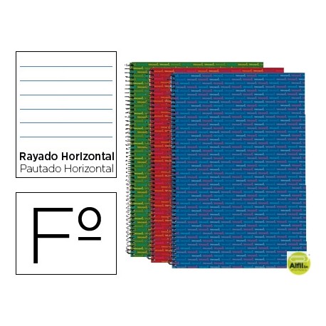 BLOC ESPIRAL LIDERPAPEL FOLIO MULTILIDER TAPA FORRADA 80H 70G HORIZONTAL CON MARGEN. COLORES SURTIDO