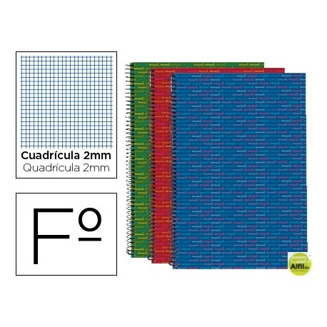 BLOC ESPIRAL LIDERPAPEL FOLIO MULTILIDER TAPA FORRADA 80H 70G MILIMETRADO 2MM CON MARGEN. COLORES SU