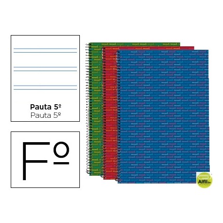 BLOC ESPIRAL LIDERPAPEL FOLIO MULTILIDER TAPA FORRADA 80H 70G PAUTA 2.5MM CON MARGEN. COLORES SURTID
