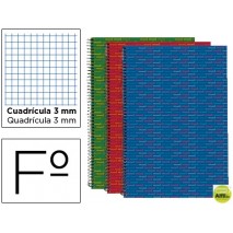 BLOC ESPIRAL LIDERPAPEL FOLIO MULTILIDER TAPA FORRADA 80H 70G CUADRO 3MM CON MARGEN. COLORES SURTIDO