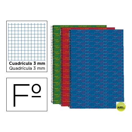 BLOC ESPIRAL LIDERPAPEL FOLIO MULTILIDER TAPA FORRADA 80H 70G CUADRO 3MM CON MARGEN. COLORES SURTIDO