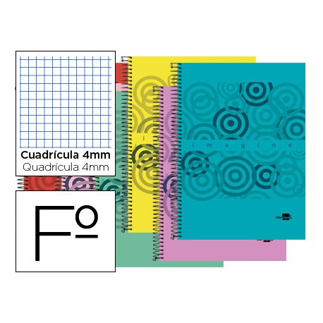 BLOC ESPIRAL LIDERPAPEL FOLIO CLASSIC TAPA POLIPROPILENO 80H 60G CUADRO 4MM CON MARGEN. COLORES SURT
