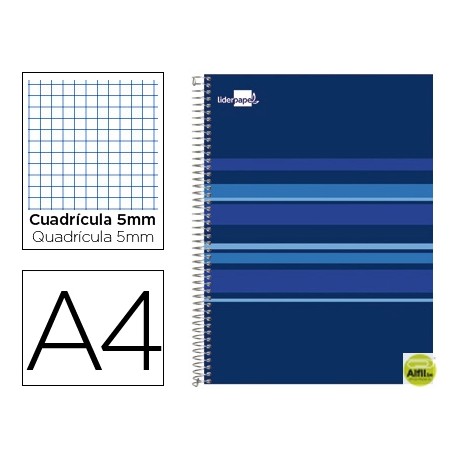 BLOC ESPIRAL LIDERPAPEL A4 MICRO CLASSIC TAPA FORRADA 160H 60G CUADRO 5MM 5 BANDAS 4 TALADROS. AZUL