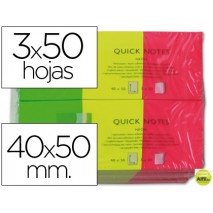 BLOC NOTAS Q-CONNECT ADHESIVAS 40X50 MM FLUORESCENTES PACK DE 3 CON 50 HOJAS